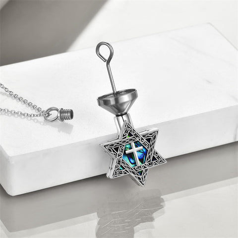 Sterling Silver Abalone Shell Star of David Urn Necklace for Ashes Engraved With Always in My Heart