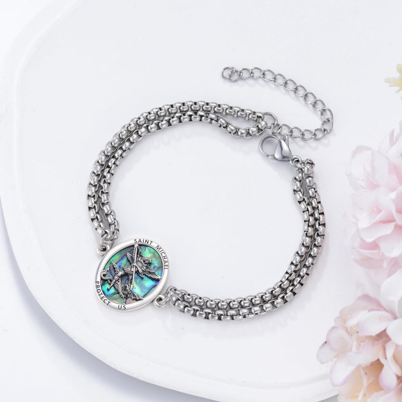 Sterling Silver Abalone Shell Saint Michael Bracelet Catholic Jewelry