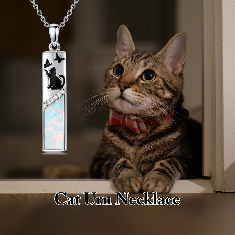 Sterling Silver  Opal Personalized Engraved Bar Pet  Butterfly Dragonfly Tree of Life  Urn Necklace for Ashes