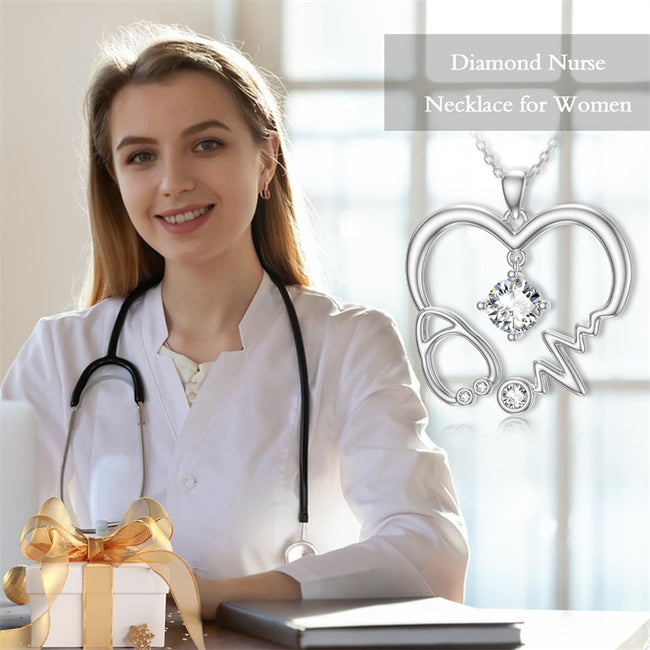 Moissanite Stethoscope Necklace 18K White Gold Plated S925 Sterling Silver 1CT Moissanite Pendant Necklace Christmas Birthday Gift