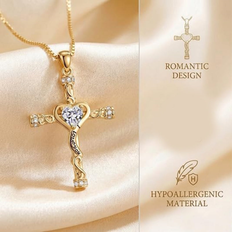 14K Gold Plated Heart Cut Cubic Zirconia Cross  Pendant Necklace For Women Religious Faith Jewelry