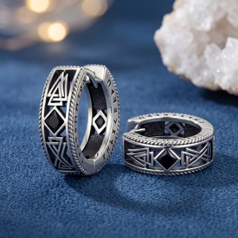 14K Gold Plated  Cubic Zircon Norse Viking Runes Hoop Earrings Viking Jewelry Gift for Men