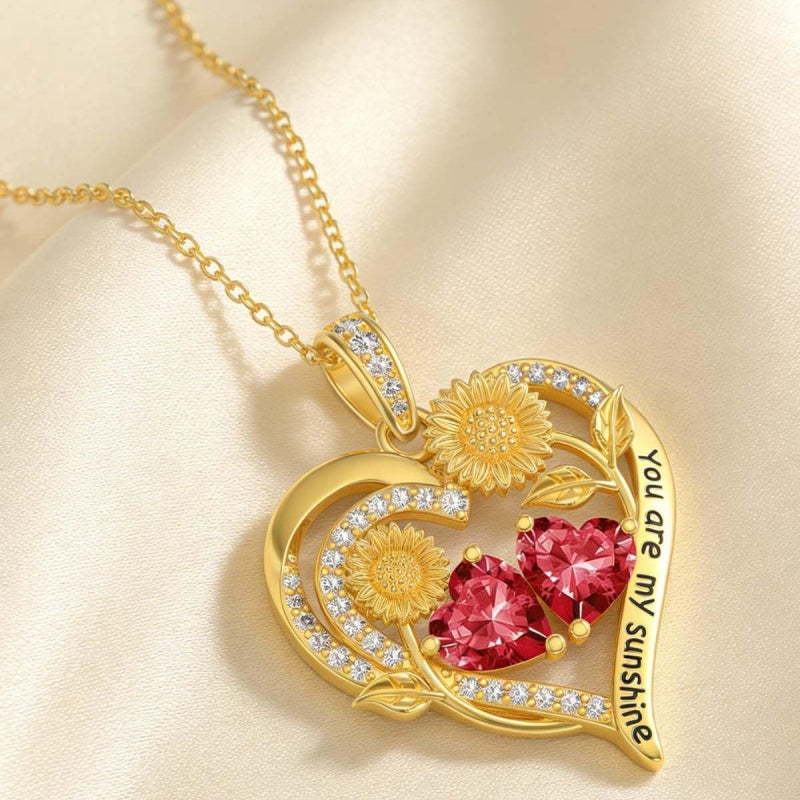 Double Birthstone Necklace 14K Gold Plated You Are My Sunshine Sunflower Necklace Heart Pendant Necklace