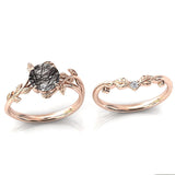 Sterling Silver 10K 14K 18K Personalized Engraved 2CT Natural Black Rutilated Quartz Engagement Ring Set