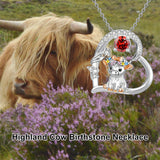Sterling Silver Round Heart Birthstone Highland Cow Pendant Necklace Fluffy Cow Jewelry Gifts Birthday Christmas