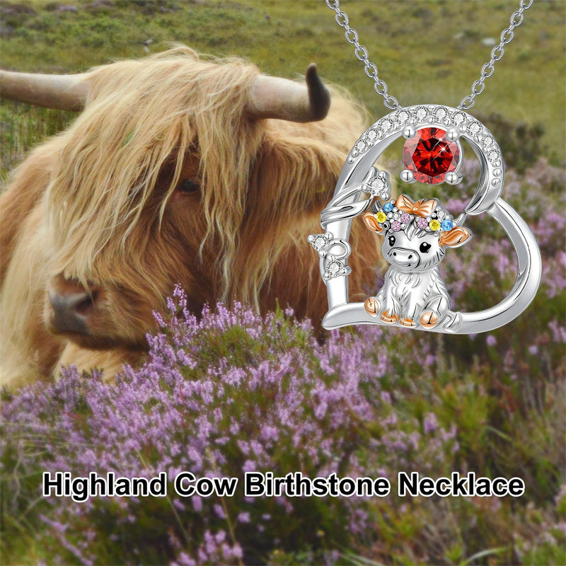 Sterling Silver Round Heart Birthstone Highland Cow Pendant Necklace Fluffy Cow Jewelry Gifts Birthday Christmas