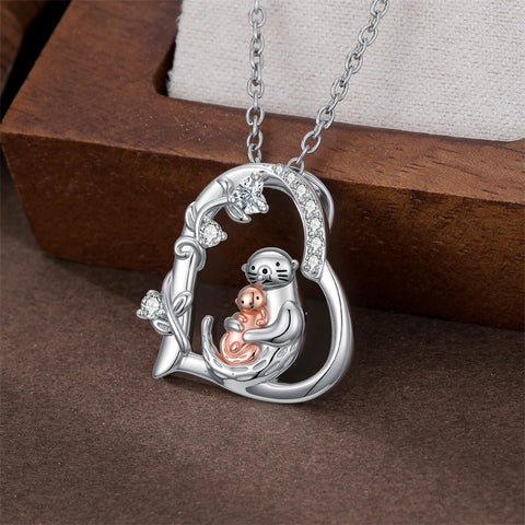 Sterling Silver Cubic Zircon Mother Daughter Mama Bear Giraffe Elephants Otters Penguins Heart Pendant Necklace