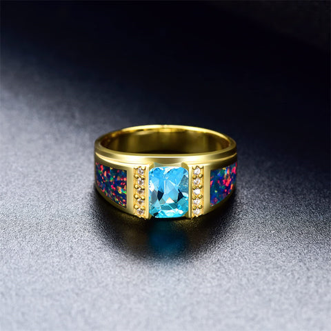 Sterling Silver Square Sapphire with Opal Gemstone Wedding Ring for Men
