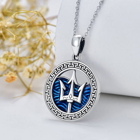 Sterling Silver Trident & Ocean Wave Pendant Necklace