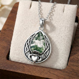 Sterling Silver Moss Agate Celtic Knot Rose Claddagh Filigree Pendant Necklace