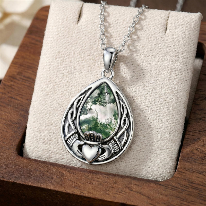 Sterling Silver Moss Agate Celtic Knot Rose Claddagh Filigree Pendant Necklace