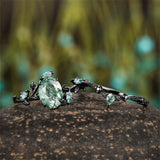 Sterling Silver 10K 14K 18K Gold Vintage Nature Moss Agate Engagement Ring Sets for Women