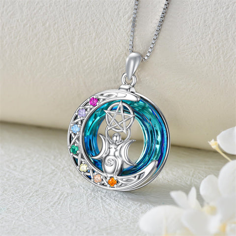 Sterling Silver Crystal Triple Moon Goddess Hamsa Hand Lotus Tree of Life Flower of Life Chakra Pendant Necklace