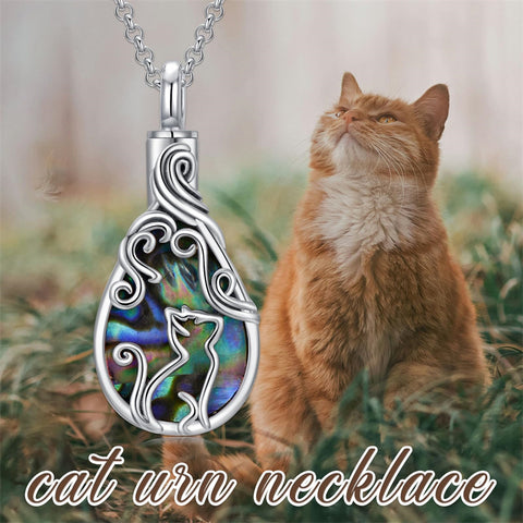 Sterling Silver Abalone Shell Cat Urn Necklace For Ashes