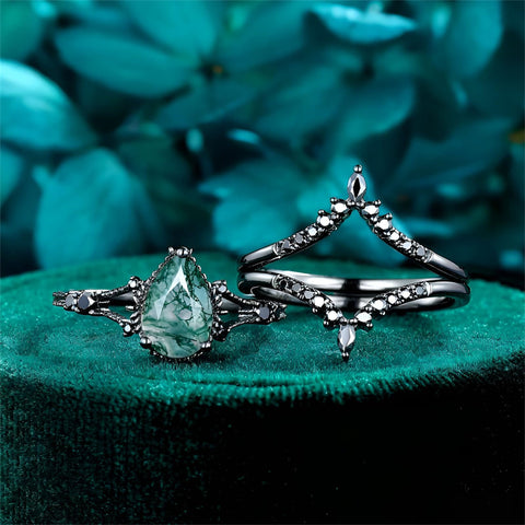 Sterling Silver 10K 14K 18K Gold 2CT Moss Agate Vine Leaf Women's Bridal Ring Sets for Wedding Engagement