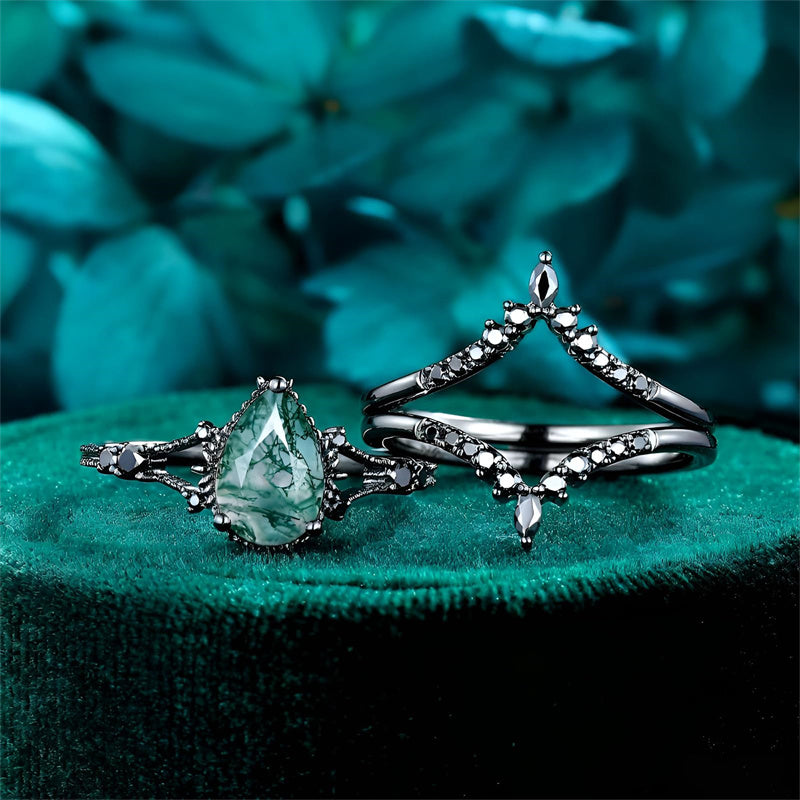 Sterling Silver 10K 14K 18K Gold 2CT Moss Agate Vine Leaf Women's Bridal Ring Sets for Wedding Engagement