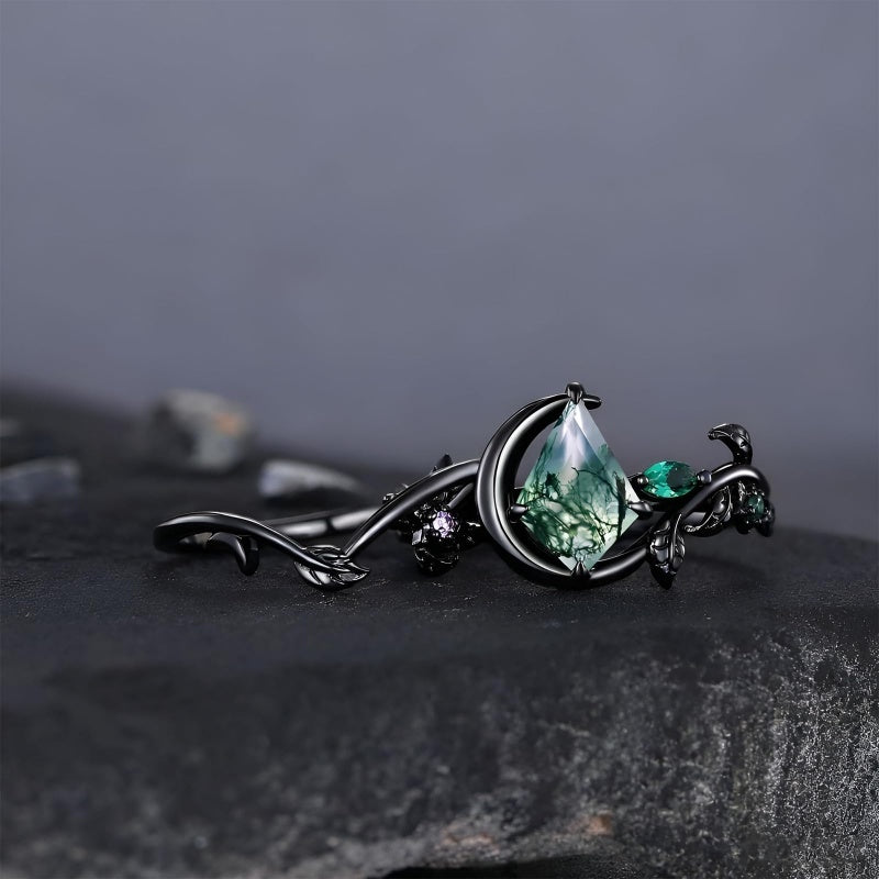 Sterling Silver 2CT Moss Agate  Engagement Wedding Ring Sets for Women