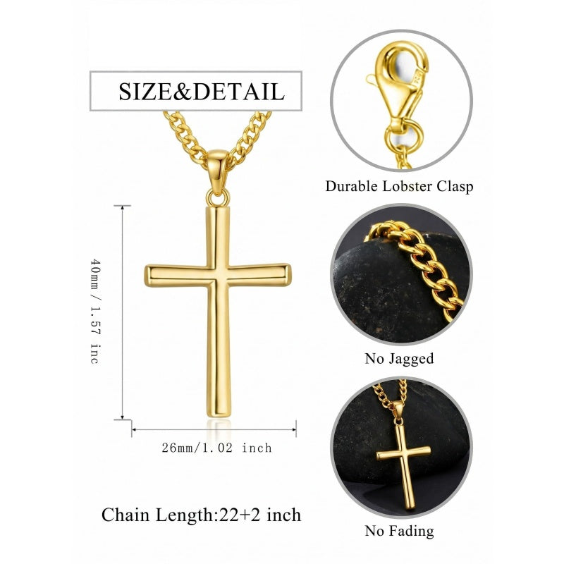 Cross Pendant Necklace for Men 14K Gold Plated Minimalist Christian Jewelry Religious Gift