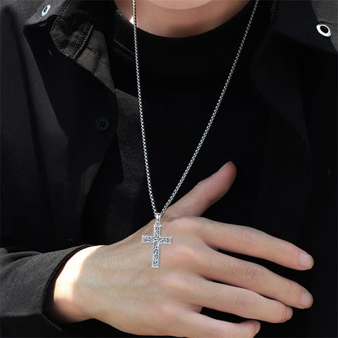 Sterling Silver Cross Christian Pendant Necklace for Men