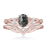 Sterling Silver 10K 14K 18K Gold  Oval Cut Unique Vine Gemstone Wedding Ring Set