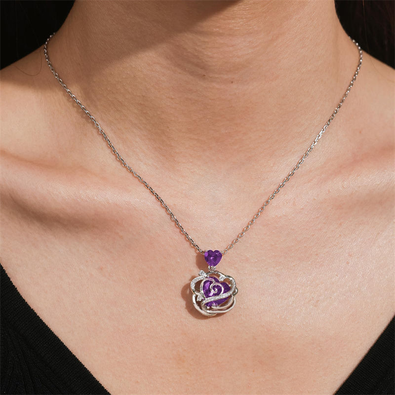 Sterling Silver Thornless Pulse Heart Birthstone  Rose Pendant Necklace