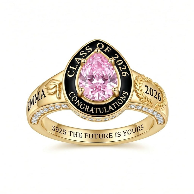 Sterling Silver Personalized Birthstone Engraved Class Ring for Women, Elegant Graduation Gift