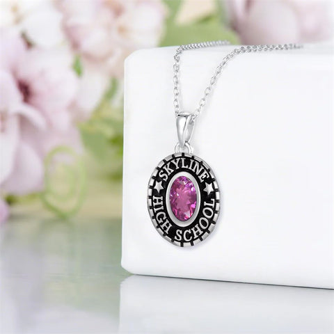 Sterling Silver Custom  Birthstone Engraved Class High School College Graduation Necklace