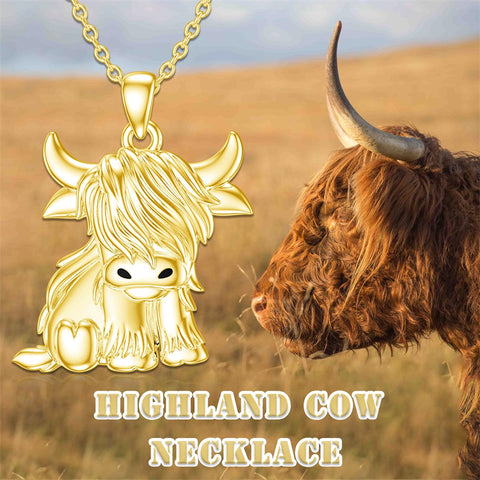 Mothers Day Gifts for Mom Highland Cow Necklace 10K/14K/18K Solid Gold Highland Cow Pendent Cow Jewelry Gifts for Women