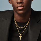 Sterling Silver Layered Cross Necklace for Men with Stainless Steel Cuban Link Rope Chain