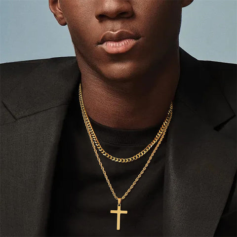 Sterling Silver Layered Cross Necklace for Men with Stainless Steel Cuban Link Rope Chain