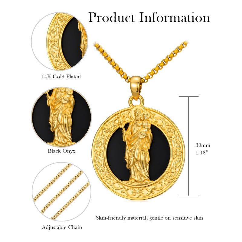 14K Gold Plated Black Onyx Patron Saint Medal Religious Amulet Pendant Necklace for Men