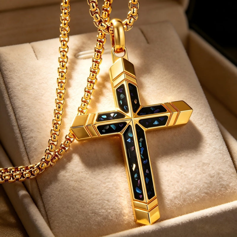 14K Gold Plated Turquoise Malachite Cross Necklace for Men Christianity Cross Jewelry