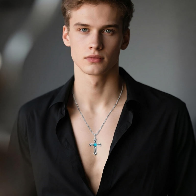 14K Gold Plated Turquoise Cross Pendant Necklace