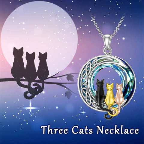 Cat Necklace Sterling Silver Cat on the Moon Pendant Necklace with Blue Circle Crystal Birthday Celtic Jewelry