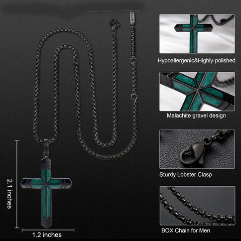 14K Gold Plated Turquoise Malachite Cross Necklace for Men Christianity Cross Jewelry