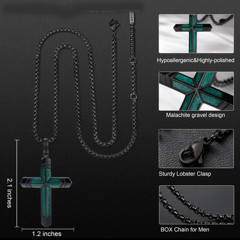 14K Gold Plated Turquoise Malachite Cross Necklace for Men Christianity Cross Jewelry