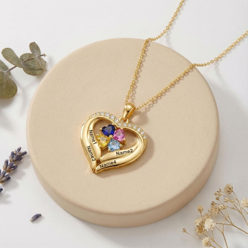 14K Gold Plated Personalized 1-5 Heart Birthstone Names Necklace  for Women