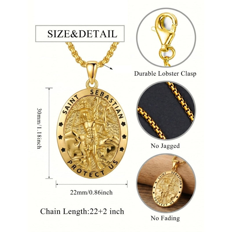 14K Gold Plated Saint Medal Christian  Pendant Necklace for Men