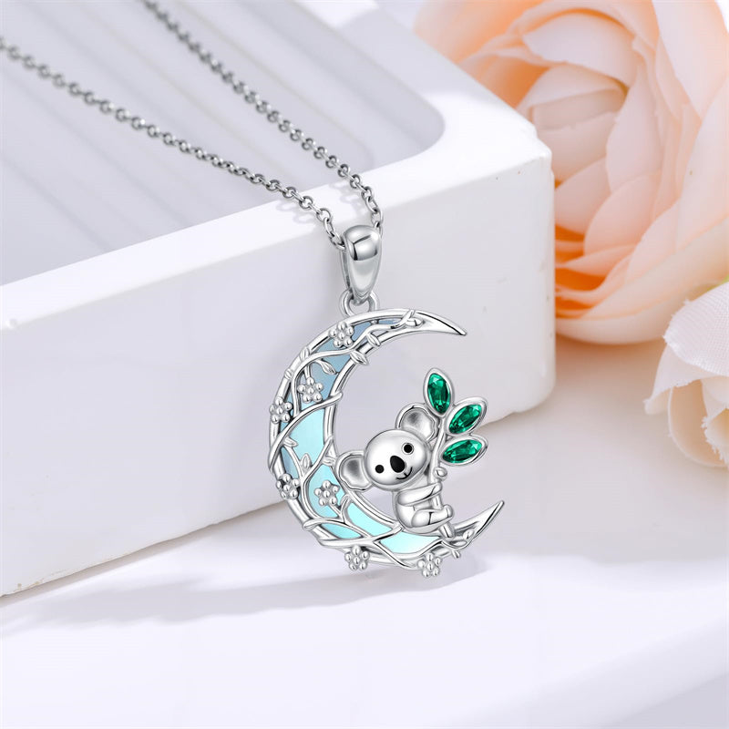 Sterling Silver Moonstone Wolf Cat Koala  Lion Moon Pendant Necklace
