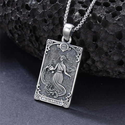 Sterling Silver Tarot Card 12 Zodiac Sign Pendant Necklace