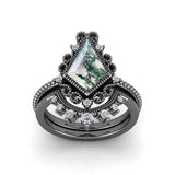 Sterling Silver 10K 14K 18K Gold Vintage Nature Moss Agate Engagement Ring Sets for Women