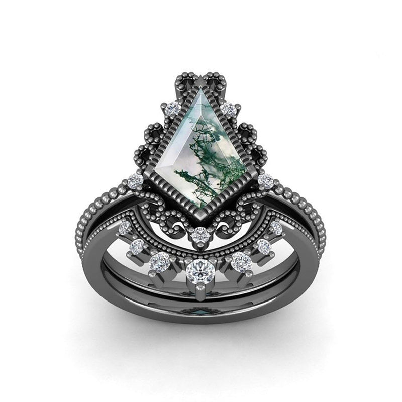 Sterling Silver 10K 14K 18K Gold Vintage Nature Moss Agate Engagement Ring Sets for Women