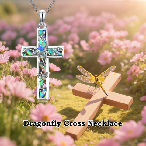 Sterling Silver Abalone Shell Bee Butterfly Dragonfly  Hummingbird Ladybug Cross Pendant Necklace for Women