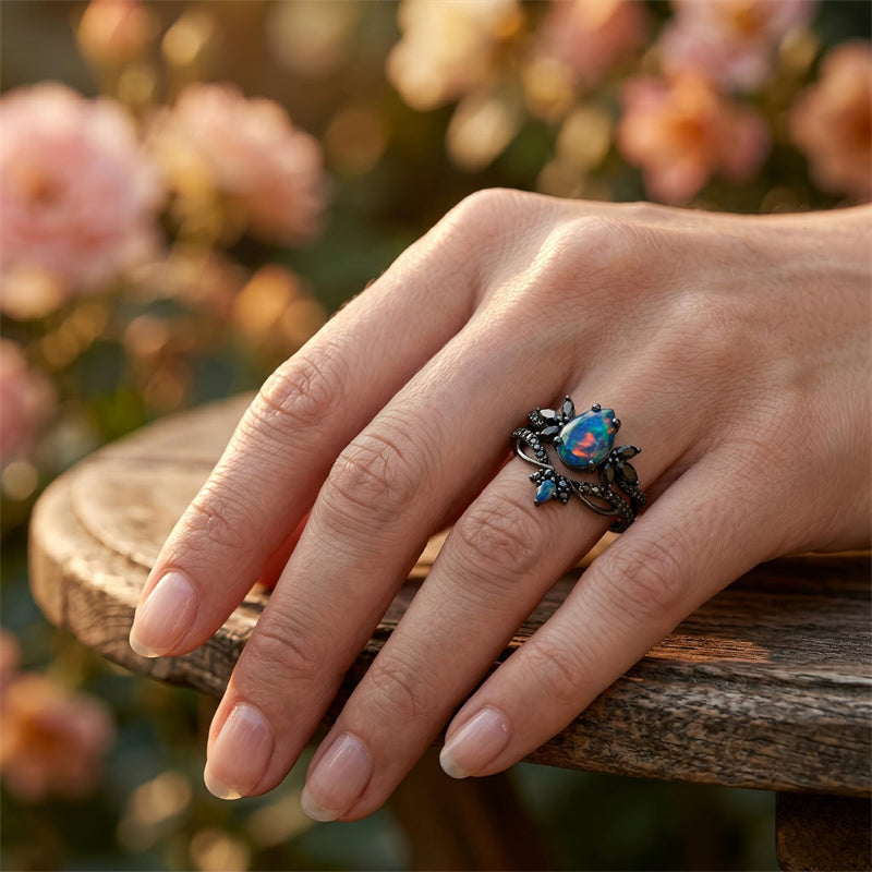 Sterling Silver 10K  14K  18K  Gold Personalized Engraved Black Opal Engagement Wedding Promise Ring for Her
