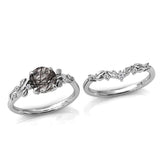 Sterling Silver 10K 14K 18K Personalized Engraved 2CT Natural Black Rutilated Quartz Engagement Ring Set