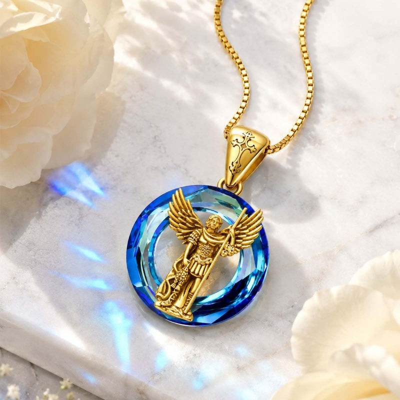 14K Gold Plated Blue Crystal Saint Protection Pendant Necklace Amulet Baptism Gift