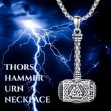 Thors Hammer Necklace 925 Sterling Silver Mjolnir Urn Necklace for Ashes Viking Norse Cremation Jewelry for Men Women