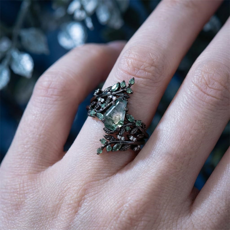 Sterling Silver 10K 14K  18K Gold Personalized Engraved Moss Agate Gothic Promise Wedding Engagement Black Ring Set