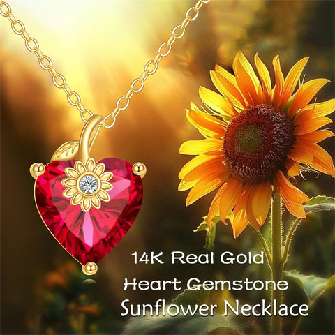 10K 14K 18K Yellow Gold Heart Birthstone Sunflower Pendant Necklace