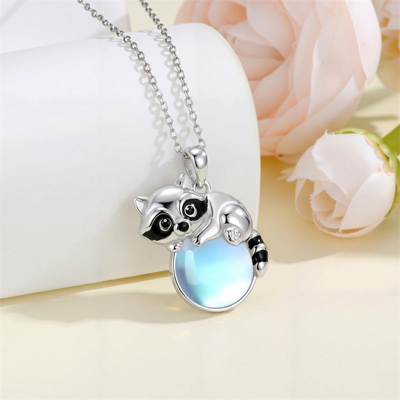 Sterling Silver Moonstone Fox Dolphin Axolotl Teddy Bear Hippo Raccoon Pendant Necklace for Women